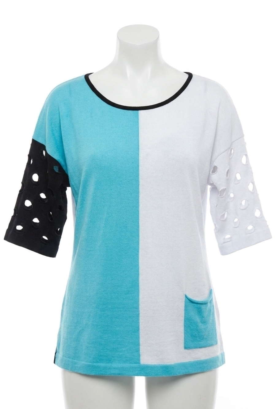 NEW ANGEL 3/4 sleeve stripe crew neck top in turquiose/white